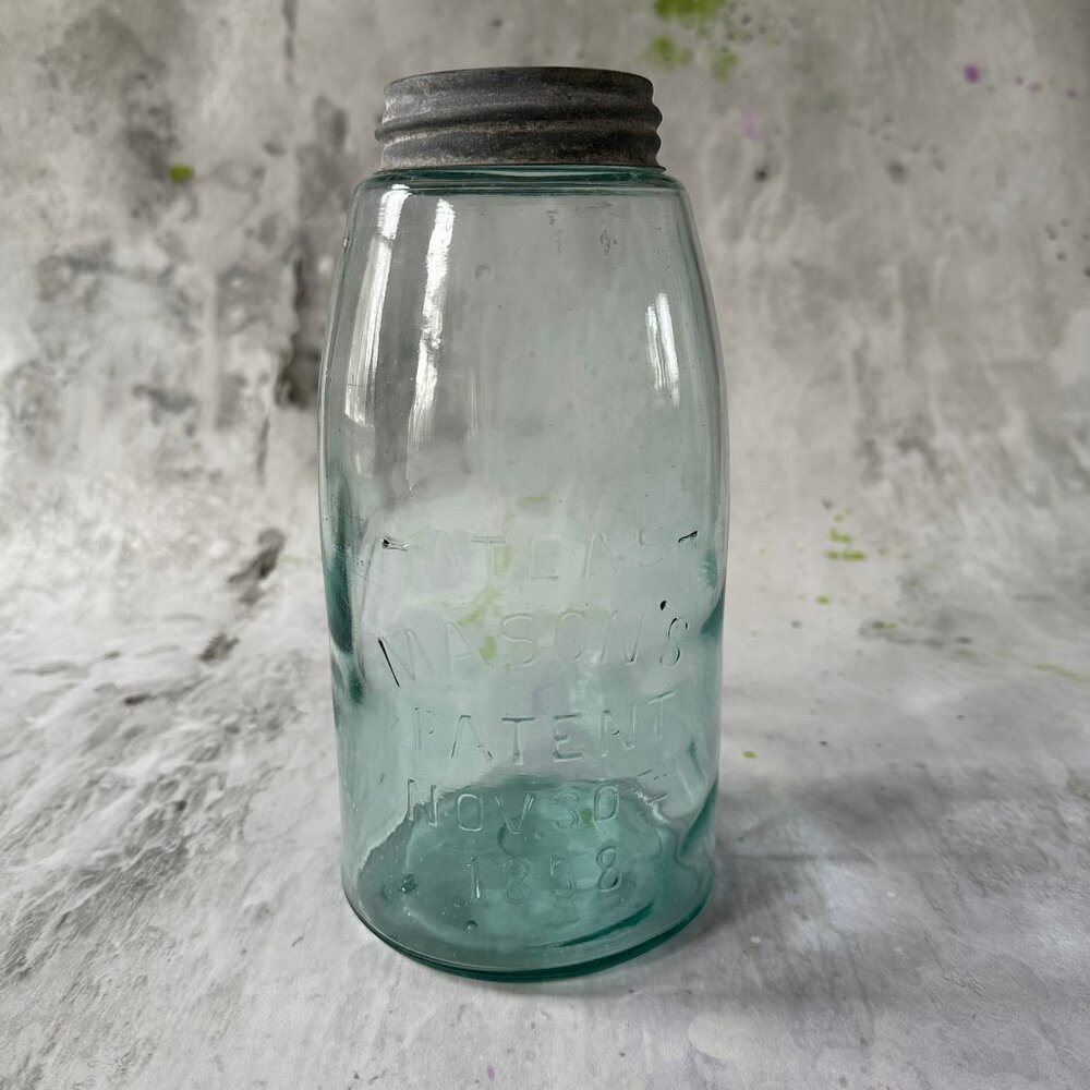 Antique Atlas Mason Jar – Aqua Glass Zinc Lid (Nov 30 1858 Patent)